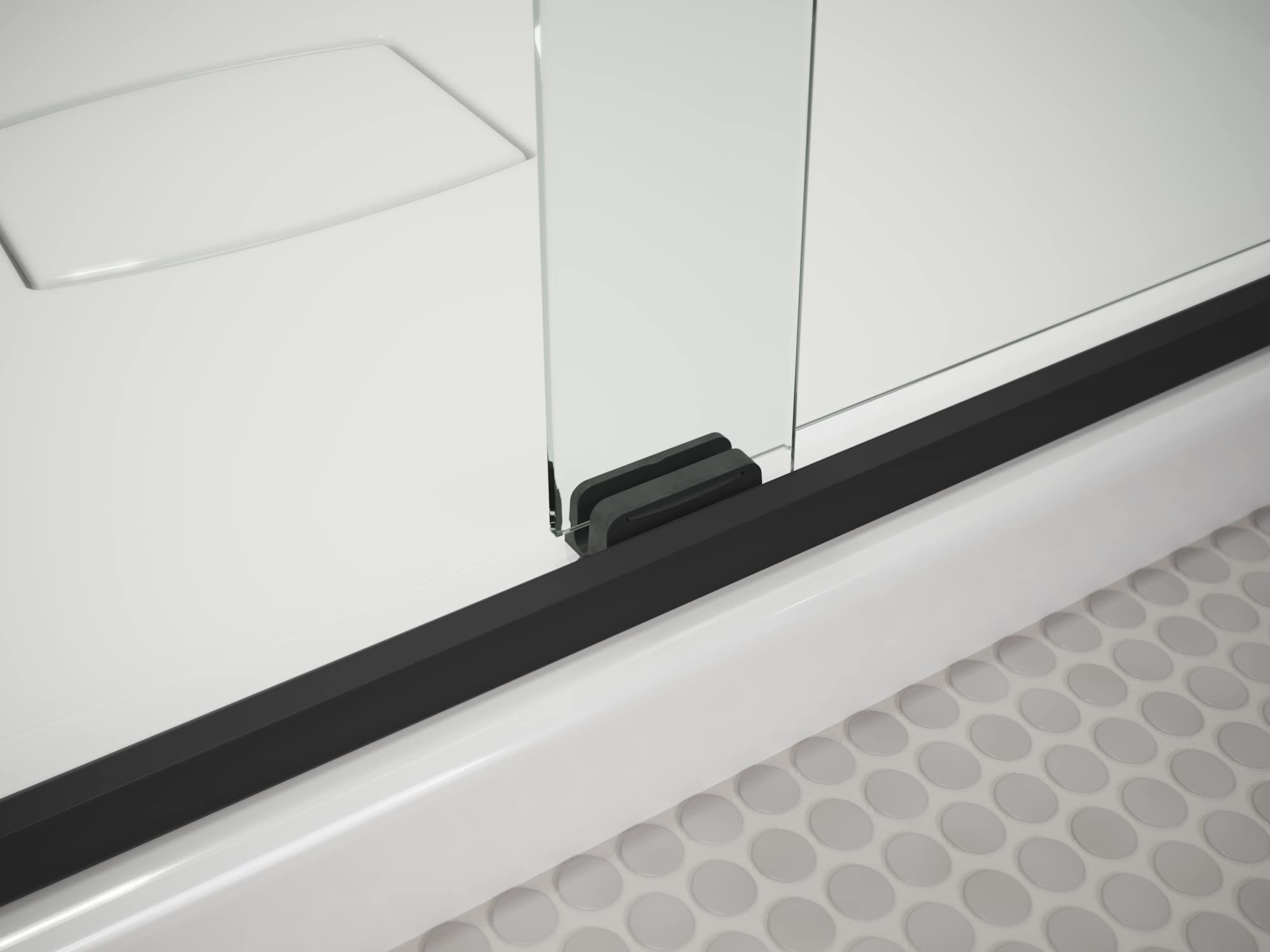 Condition photo showing New/Like New for kohler 707602-8l-bl pleat sliding bath door 63-9/16"h with 5/16" thick glass, cleancoat+ glass coating with matte black frame