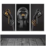 Arte africano Mujer negra con joyas doradas Pintura de pared Carteles e impresiones Arte de pared Cuadro en lienzo para decoración de habitaciones 70x140cm (28 × 55in)