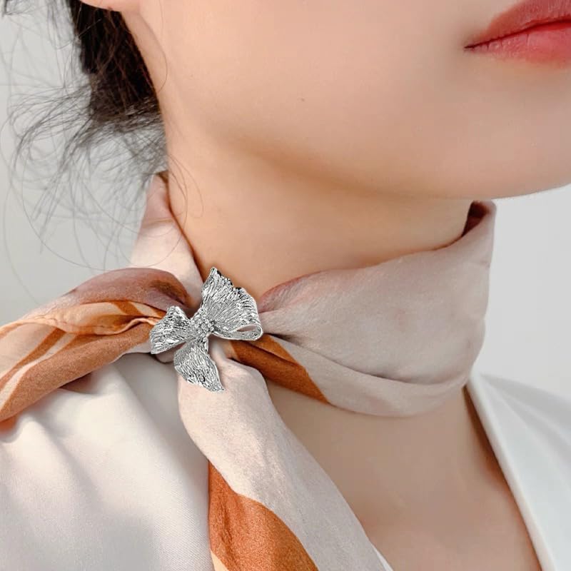 Texture Bow Silk Scarf Ring Brooch for Women Fashion CZ Crystal Brushed Bowknot Shawl Scarves Buckle Wrap Clasp Clip Rings Brooches Delicate Holiday Dress Accessories Jewelry