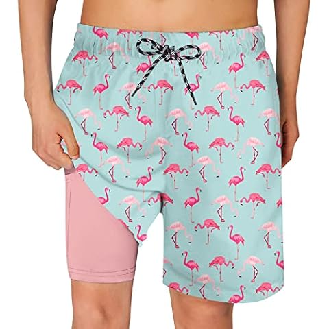 swimsobo Boys Swim Trunks for Size 14-16 Kids Compression Liner Swimming Hawaii Pink Flamingo Bathing Suit Beach Swim Shorts Cover