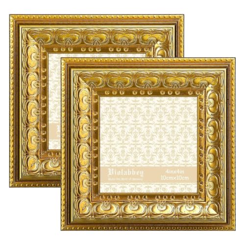 Image of VIOLABBEY 4x4 Picture Frame Gold Set of 2, Vintage Photo Frame | Small Antique Ornate Frame, Square Frame for Wall or Tabletop Display,Classic Design for Home Office Decor