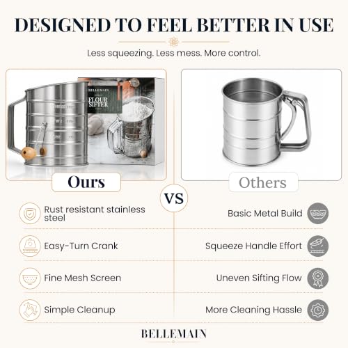 Image of Bellemain Stainless Steel Flour Sifter for Baking with Hand Crank - 3 Cup | Fine Mesh, Silver Color, Double Loop Agitator, Rust Resistant