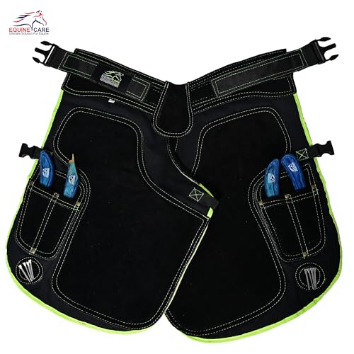Image of Equine Care Women's Farrier Apron Chaps 23″ - Leather & Canvas, Adjustable 28-52″ Waist, EVA Padded Knees, Lumbar Support, 4 Knife Pockets & Nail Magnets for Hoof Trimming (Black with Green Piping)