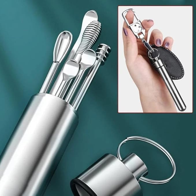 Image of 3 PACK 6-in-1 Ear Wax Cleaner - Resuable Ear Cleaning Tools with Aluminum Tube - Ear Pick Wax Remover Tool Kit with Ear Curette Cleaner and Spring Ear Buds Cleaner Fit in Pocket Great for Traveling