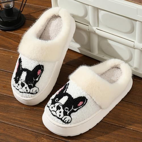 Women's Men's Cute Animals Bulldog Slippers Comfy Warm Plush Slip-On House Slipper for Winter Indoor Soft Cushion Non-Slip Thick Sole Fluffy Slides Slippers(38/39 EU, White)2