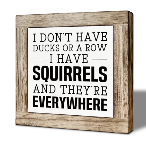 I Don’t Have Ducks or a Row I Have Squirrels and They’re Everywhere Wooden Sign, Funny Office Desk Decor, Humorous Quote Tabletop Sign, Sarcastic Gift for Coworkers 5.9x5.9 Inches