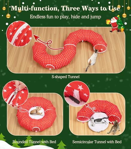 Image of Pawaboo Cat Tunnel Bed Under Christmas Tree, 35.4'' Christmas Cat Toy Circle Tunnel with Ball, Cats Tunnels Christmass Tree Skirt Decorative Festive Foldable Kitty Tube Tunnels for Cats(Red Star)