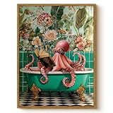 WHASAYART Framed Funky Funny Octopus Reading on bathtub Wall Art Canvas 12'x16', Whimsical, Floral and Botanical, Ocean Animal Abstract Modern Style Print for Bathroom Washroom Restroom Decor