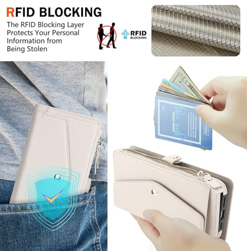 Étui en cuir iPhone 17 Pro Max blanc chic avec fermeture éclair et bandoulière