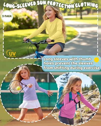 Image of 3 Pack Girls Rash Guard Swim Shirts 5-14Y UV Sun Protection Long Sleeve Thumb Hole Quick Dry T-Shirts UPF 50+ Tees