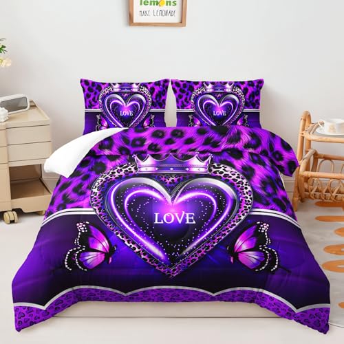 Image of AILONEN Purple Heart Bedding Set Queen Size,Luxury Leopard Print Comforter with 2 Pillowcases for Girls Women,3-Piece Crown Butterfly Quilt Set for Home Decor