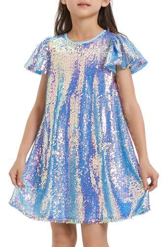 Girls Sequin Dress Shiny Short Flutter Sleeve Midi Sparkly Party Dress with Hairbow