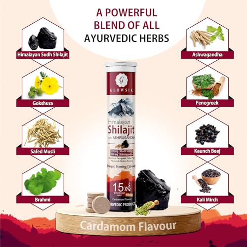 Image of GLOWSIK Himalayan Shilajit Original (750mg) 15 Effervescent Tablets, With Ashwagandha, Gokshura & Safed Musli for Strength, Performance & Muscle Recovery, Cardamom Flavour | Ayush Approved | Pack of 1