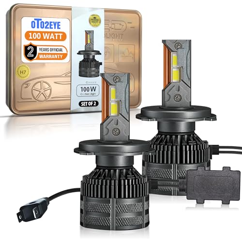 Image of OTO2EYE H7 LED Headlight Bulbs, 100W, 10000 Lumens, Super Bright Headlight, 6500K, LED Headlight Auto Conversion Kit for Car, Set of 2, (2 Years Warranty)