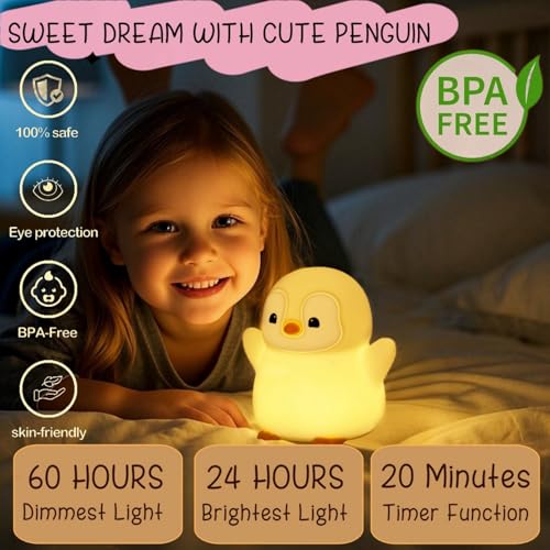 cute penguin night light led squishy xmas penguin lamp food grade silicone dimmable nightlight kids gray penguins light rechargeable light up penguins gifts kids room college decor