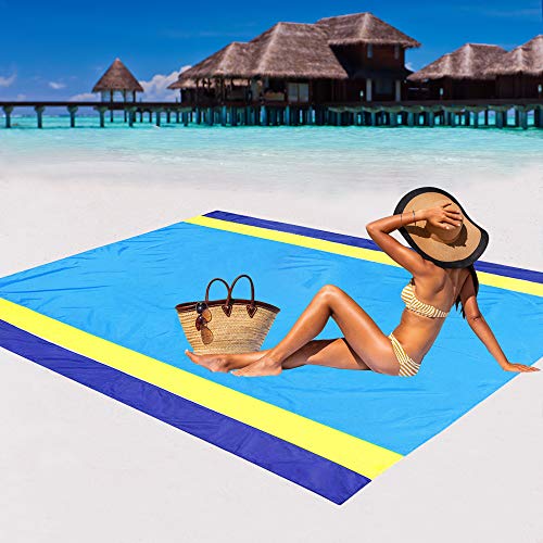 WIWIGO Sand Free Beach Blanket Lightweight Waterproof Beach Mat, Outdoor Portable Picnic Mat for Travel, Camping, Hiking Compact Sand Proof Mat Quick Drying (BlueYellow-2)