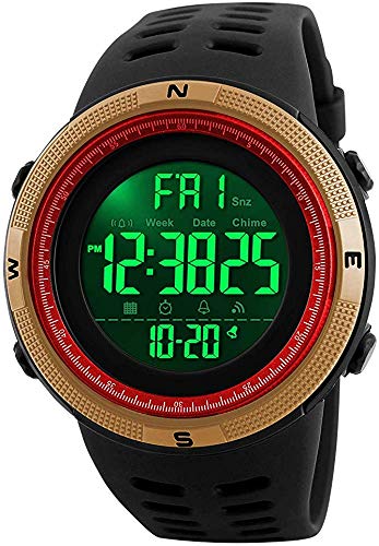 Men's Digital Plastic Sports Watch Waterproof Military Stopwatch Countdown Watches for Men (Gold Red)