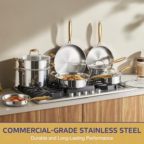 Image of Triple Ply Stainless Steel Pots and Pans Set, EWFEN 12 Piece Induction Cookware Set, Oven Dishwasher Safe | Frying Pans, Saucepans, Saute Pan & Stock Pot, PFOA Free Kitchen Skillet, Gold
