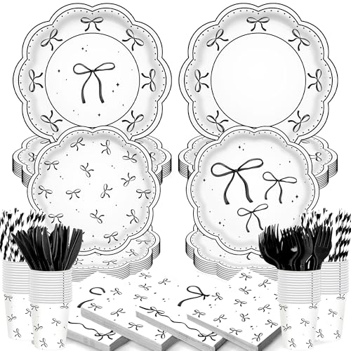 168PCS Black White Bow Birthday Party Decorations Paper Plates Napkins Cups Forks Knifes Tableware Set Bowknot Themed Supplies Bachelorette Wedding Bridal Shower Decor Serve 24 Guests