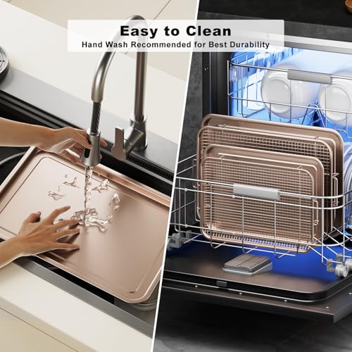 Image of Air Fryer Basket for Oven, THORSES 2 Set Oven Air Fryer Basket and Tray Set | with 60 Sheets Parchment Papers, Carbon Steel NonStick Air Fryer Pans and Tray-Large15 inchx11 inch & Medium13.4 inchx9.6 inch-Gold
