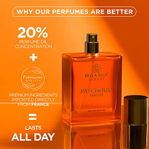 Image of Bella Vita Luxury Patchouli Parfum Unisex Perfume For Men & Women with Indonesian Patchouli Leaf & White Musk | Long Lasting Sweet, Spicy & Smoky Fragrance, 100 ML