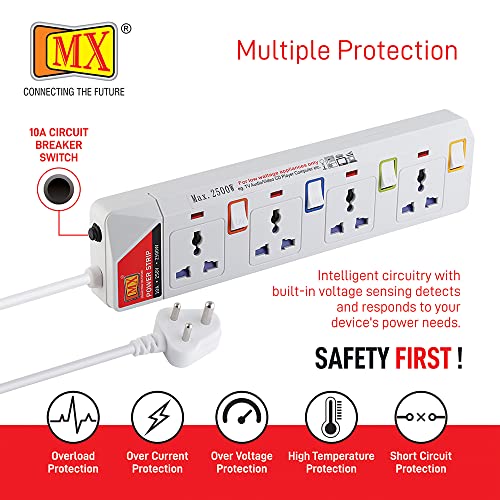 Image of MX 4 Sockets Power Strip with Universal Socket - Individual Switch with Circuit Breaker Protection Spike Guard Extension Board - (15 Foot) Power Cable - 5 Amp (5Mtr) White