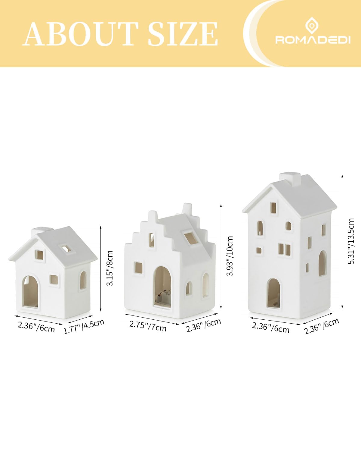Romadedi Casas blancas de pueblo de Navidad: casa de cerámica, decoración de Navidad, mini juego de pueblo de porcelana con luces LED para mesa, mantel, estante, Navidad, invierno, vacaciones, hogar