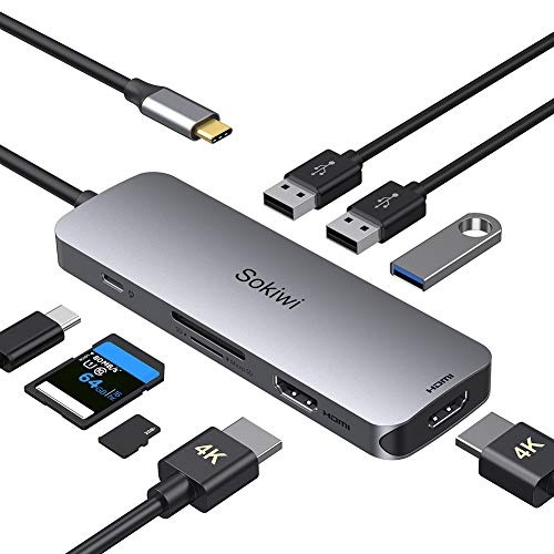 USB C to Dual HDMI Adapter, 8 in 1 Thunderbolt 3 Type C to 2 HDMI, 3 USB 3.0, 100W PD Port, SD TF Card Reader for MacBook pro, Surface pro 7,Dell XPS 13 15,Huawei Matebook X pro,etc