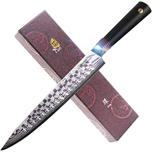 TUO Cutlery Slicing Knife - Japanese AUS-10D Dragon Pattern Damascus Steel- Hollow Ground Blade - Kitchen Carving Knife with Dishwasher Proof G10 Handle - RING-DA Series - 9"