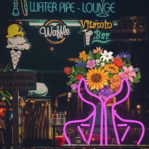 Image of Hand Bouquet Neon Lights,LED Hand Bouquet Neon Signs for Wall Decor, Neon Light Sign Neon Room Decor,USB Night Lights for Bedrooms,Shops,Florists,Bars,Parties,Wedding,Holiday Gifts(pink /12.6*14.6in)