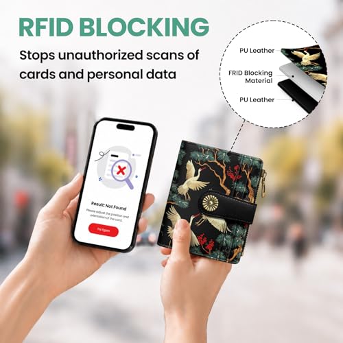 Image of Small Wallet for Women, RFID Blocking Bifold Card Holder Wallet with 10 Card Slots, Cash Compartment, Zipper Coin Pocket & ID Window, Cute Soft Vegan Leather Compact Wallet, Crane