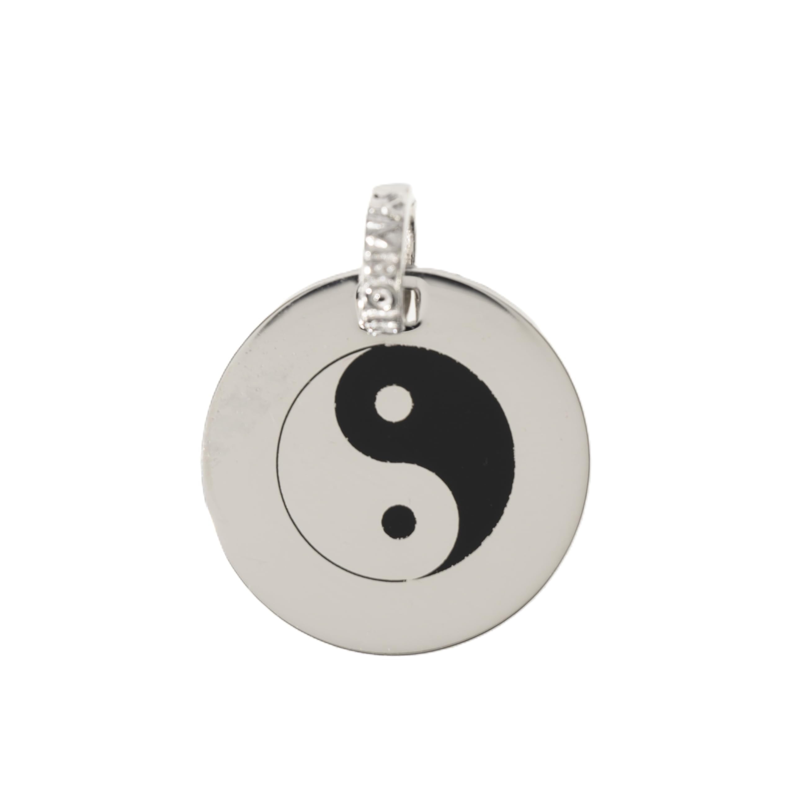 Medaglia Tao in Argento 925 Rodiato - Diametro 21mm, 3,80g, Simbolo Yin Yang con Smalto Nero, Gioiello Artigianale Italiano, Regalo Spirituale Unisex