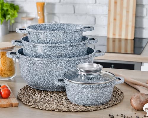 Zilner Induktionsgeeignetes Keramik-Marmor-Töfset ZL-007078 | Kochgeschirr Set für Induktion | 8-TEILIGES Töpfset für In