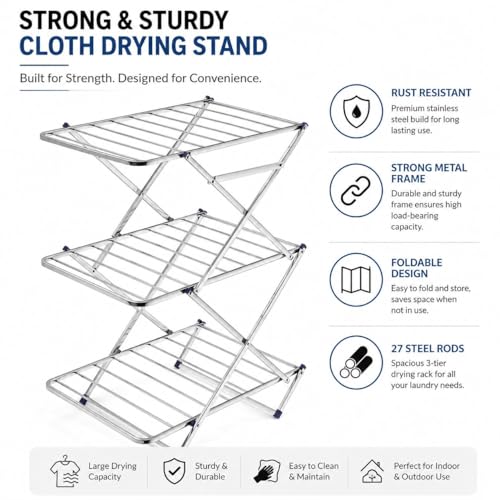 Image of KITCHIVO 3 Layer Foldable Clothes Drying Rack, Stainless Steel Garment Airer Stand with Large Drying Space for Laundry, Towels and Clothes (3-Tier Zig-Zag)