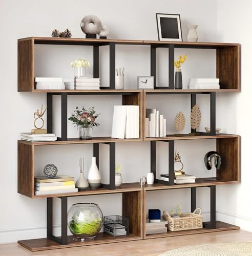 DWVO Geometric Bookshelf, 5-Tier Bookshelf S-Shaped Bookshelves, Industrial Geometric Bookcase Freestanding Multifunctional Storage Shelving for Living Room Home Office, Retro Brown