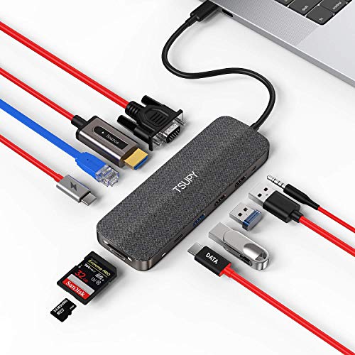 TSUPY USB C ハブ 12in1 Type C ハブ USB3.0ポーX1/USB 2.0ポートX2 /4K対応HDMI 出力ポート/VGA変換/MicroSD&SDカードリーダー/3.5mmオーディオジャック/100W出力 PD充電ポート/Type cデータ転送ポート/LANポート(1000Mbps) USB C 変換アダプタ MacBook Pro 2017/2018、Surface go、ChromeBookSAMSUNG/Huawei Mate他対応