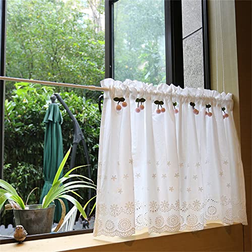 AQCQDQ Rideau brise-bise translucide avec broderie rose cerise - Court - Vintage - Pour bistrot, cuisine, armoire - 100 x 56 cm (l x H)