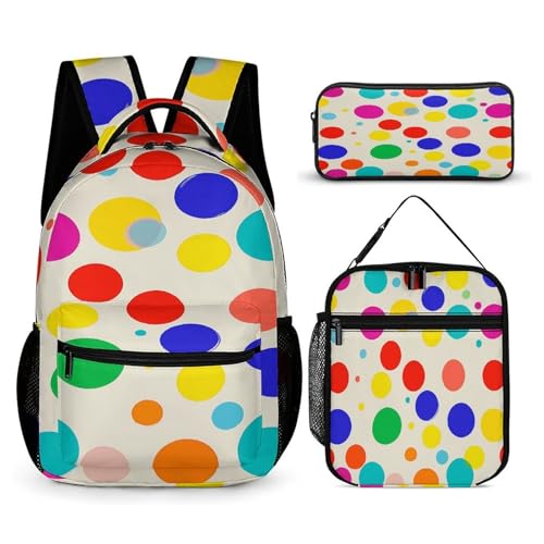 3Pcs Backpack Sets Colored Dots Print Travel Daypack 3 in 1 Lightweight Backpack Set with Lunch Bag And Cosmetic Bag - Main Image