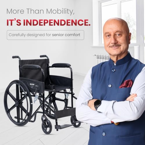 Image of AGEasy (Max Group) Foldable Wheelchair with Safety Seat Belt, Padded Armrests, Footrest & Adjustable Calf Support, 100 kg Capacity | Self-Propelled & Attendant Use | Easy to Move for Indoor & Outdoor Use | Elderly & Patient Care
