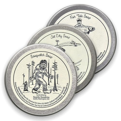 Seattle Sundries Cascadia Soap Gift Set Variety Pack - Pacific Northwest Stocking Stuffers for Men & Women - 3 (4oz) Bars in Retro Tins, Handmade