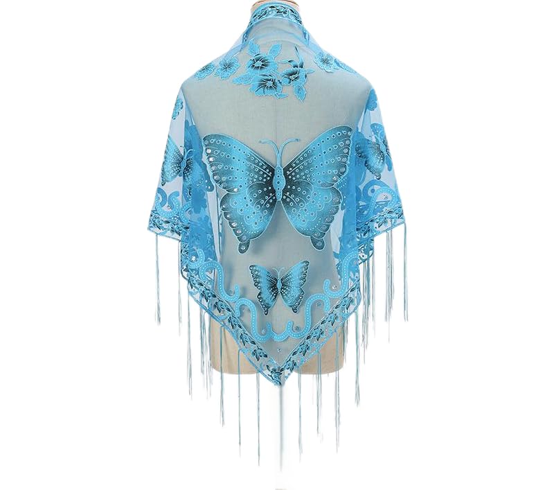 Solid color lightweight breathable butterfly embroidered hollow lace women's triangular shawl tassel scarf