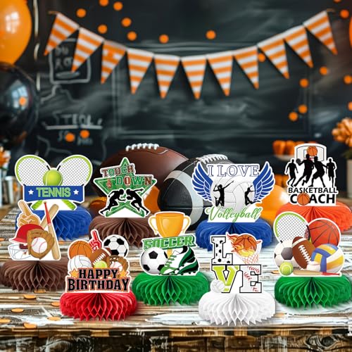 Image of 9pcs Sports Birthday Party Decorations, Sports Themed Honeycomb Centerpiece 3D Double Sided Table Decor for Birthday Competition Party Decorations& Favors