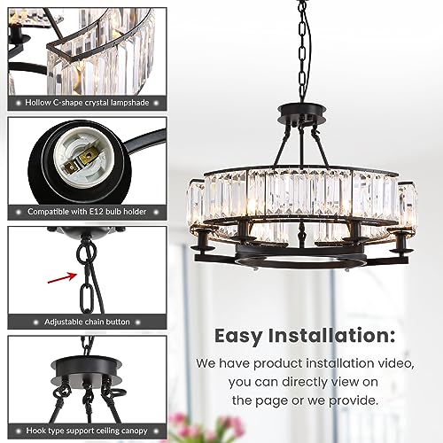 NOXARTE Round Crystal Chandelier Modern Industrial Dining Room Light Fixture Luxury Pendant Light for Farmhouse Living Room D26 Inch x H20 Inch - Image 3