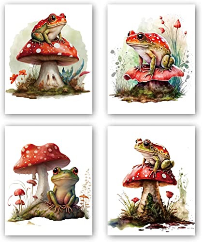 Retro Frog And Mushroom Wall Art Prints,Red Frog Mushroom Art Print,Creative Wall Art And Natural Animal Illustration Printing,Cute Funny Animal Poster For Bathroom Decor - Kids Room Decor-Gifts,4-Piece Set (Frameless, 8 "X1 0 Inch) #TOP17