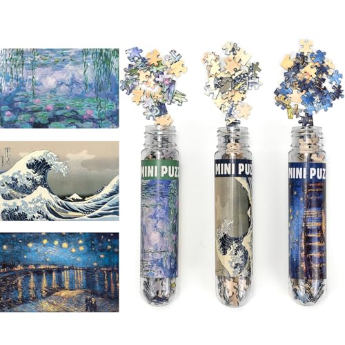 Luufan Pacote de 3 mini quebra-cabeças para adultos, 150 peças, um pequeno quebra-cabeça de 6 x 4 polegadas, brinquedo de entretenimento para decoração de casa (Kanagawa Surf, rio rodano, lírios de