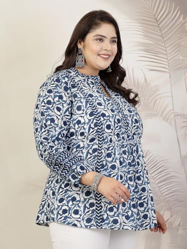 Image of Stylum Women's Plus Size Blue Floral Printed Pure Cotton Top | Plus Size Tops for Women Short Kurti