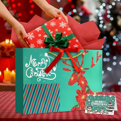 Image of JMANNI Christmas Gift Bags,1PCS Large christmas Gift Bag with Ribbon and 1 Greeting Card 2 Tissue Papers, Portable Paper Gift Bag with Handles, Reusable and Perfect For Your Xmas Presents （Green）