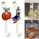 WKHOMEDECO 2 Pack Fall Wreath Door Hanger with Pumpkin & Witch, Fall Decoration Metal Over The Door Single Halloween Wreath Hanger Ornament Halloween Wreath Hangers for Front Door,Door Wreath Hanger