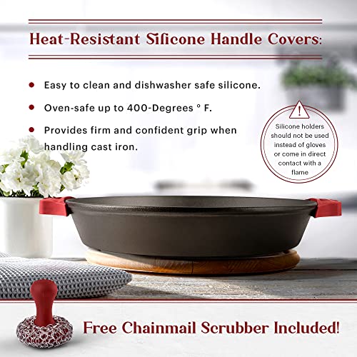 Cast Iron Skillet + Chainmail Scrubber - 17"-Inch Dual Handle Braiser Frying Pan + Silicone Handle Covers - Pre-Seasoned Oven, Grill, Bbq, Stovetop, Fire, Induction Safe Cookware - Indoor/Outdoor Use #TOP2