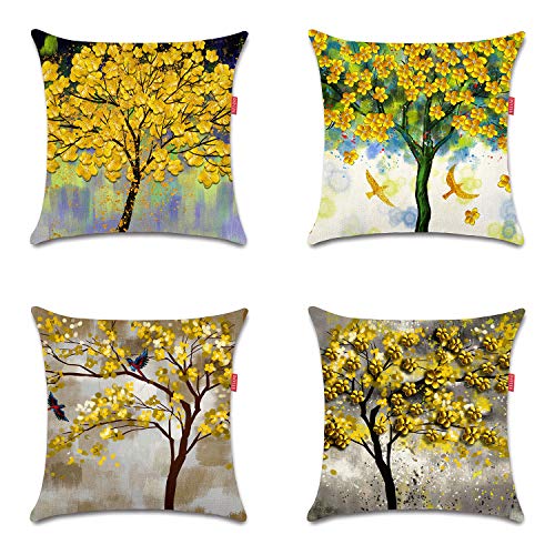 WEIANG Fundas para Cojines De Dos Caras Cojín Decorativos Flores de árbol Amarillo Rojo Blanco Almohadas Cover